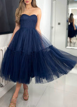 Strapless Tulle A-Line Tea-Length Blue Homecoming Dresses-Ballbella