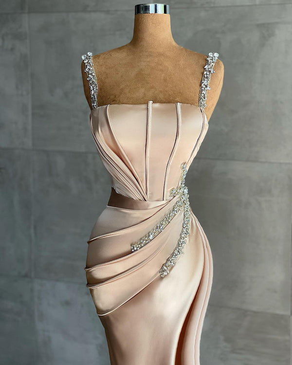 Straps Beadings Long Mermaid Prom Dress Split Evening Gowns-Ballbella