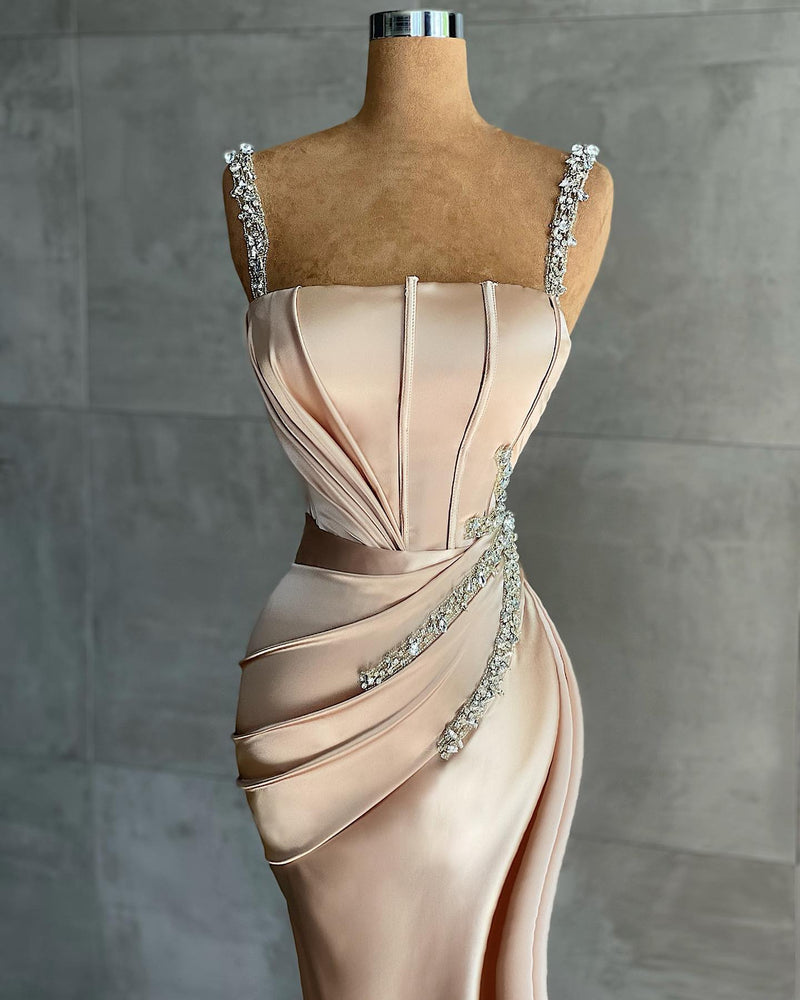 Straps Beadings Long Mermaid Prom Dress Split Evening Gowns-Ballbella