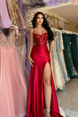Straps Burgundy Sweetheart High Split A-line Floor length Prom Dresses-Ballbella