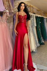 Straps Burgundy Sweetheart High Split A-line Floor length Prom Dresses-Ballbella