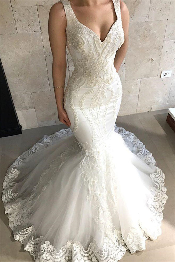 Straps Fit and Flare Beads Appliques Wedding Dresses Sleeveless Tulle Lace Bridal Gowns-Ballbella