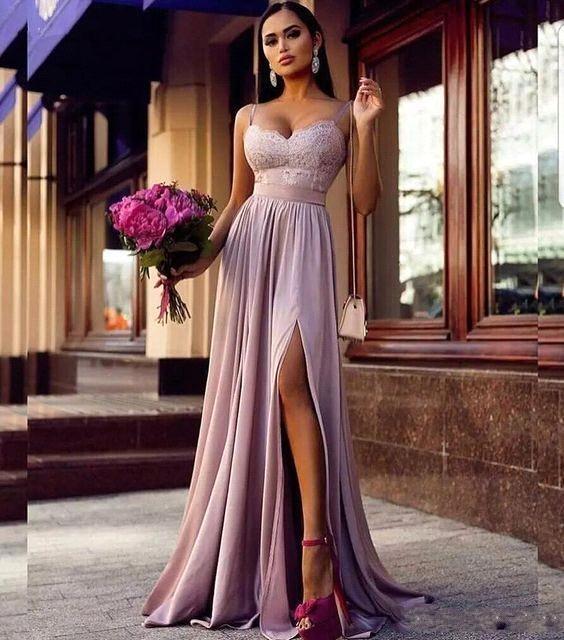 Customizing this New Arrival Straps Lace Slit Prom Party Gowns Sleeveless Lavender Long Formal Chic Evening Gown on Ballbella. We offer extra coupons,  make Prom Dresses in cheap and affordable price. We provide worldwide shipping and will make the dress perfect for everyone.