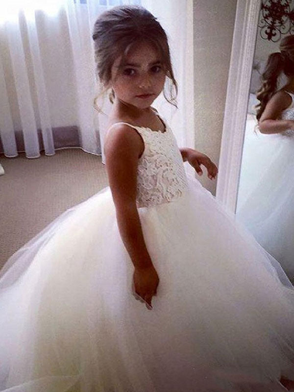 Straps Neck Sleeveless Lace Kids Party Dresses-Ballbella