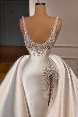 Straps Pearls Beaded Hot Mermaid High Split Wedding Dresses with Overskirt-Ballbella