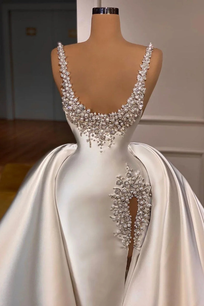 Straps Pearls Beaded Hot Mermaid High Split Wedding Dresses with Overskirt-Ballbella