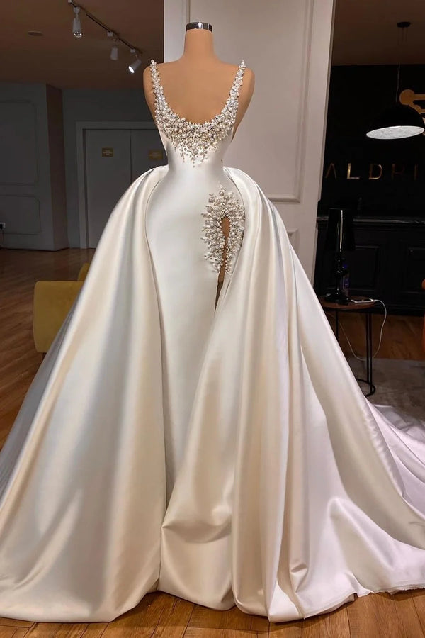 Straps Pearls Beaded Hot Mermaid High Split Wedding Dresses with Overskirt-Ballbella