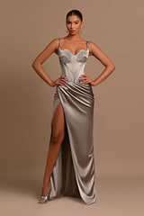 Straps Silver Mermaid High Split Floor length Sleeveless Prom Dresses-Ballbella