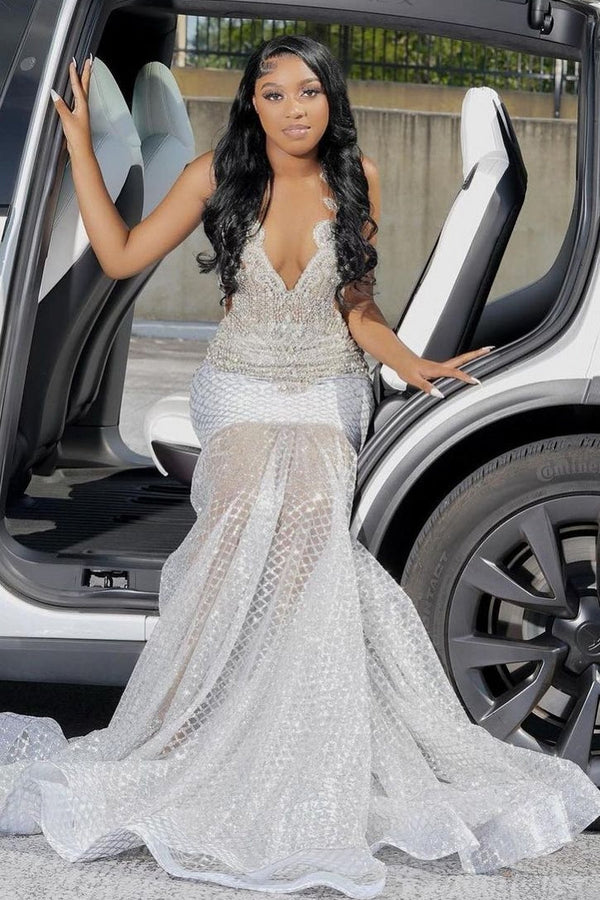 Straps V-neck Silver Beaded Mermaid Sparkle Prom Dresses-Ballbella