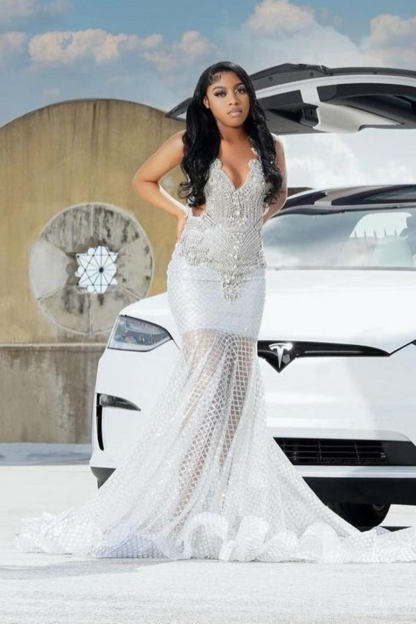 Straps V-neck Silver Beaded Mermaid Sparkle Prom Dresses-Ballbella