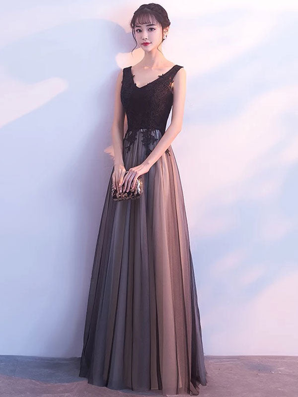Stunning Black Evening Dresses Long V Neck Lace Tulle Sleeveless A Lien Floor Length Formal Evening Dress-Ballbella