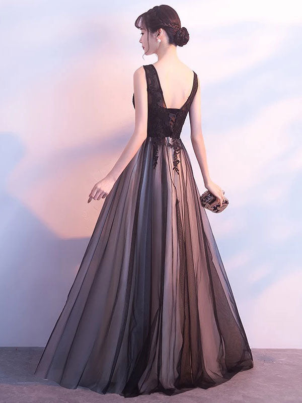 Stunning Black Evening Dresses Long V Neck Lace Tulle Sleeveless A Lien Floor Length Formal Evening Dress-Ballbella