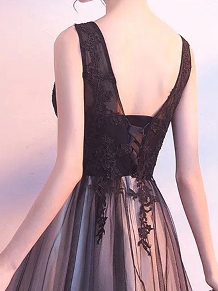 Stunning Black Evening Dresses Long V Neck Lace Tulle Sleeveless A Lien Floor Length Formal Evening Dress-Ballbella