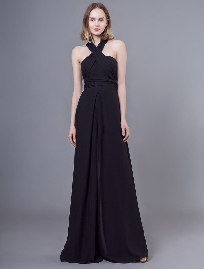 Stunning Black Jumpsuits Formal Evening Wedding Party Convertible Chiffon Long One Size Fits All Bridesmaid Dresses-Ballbella