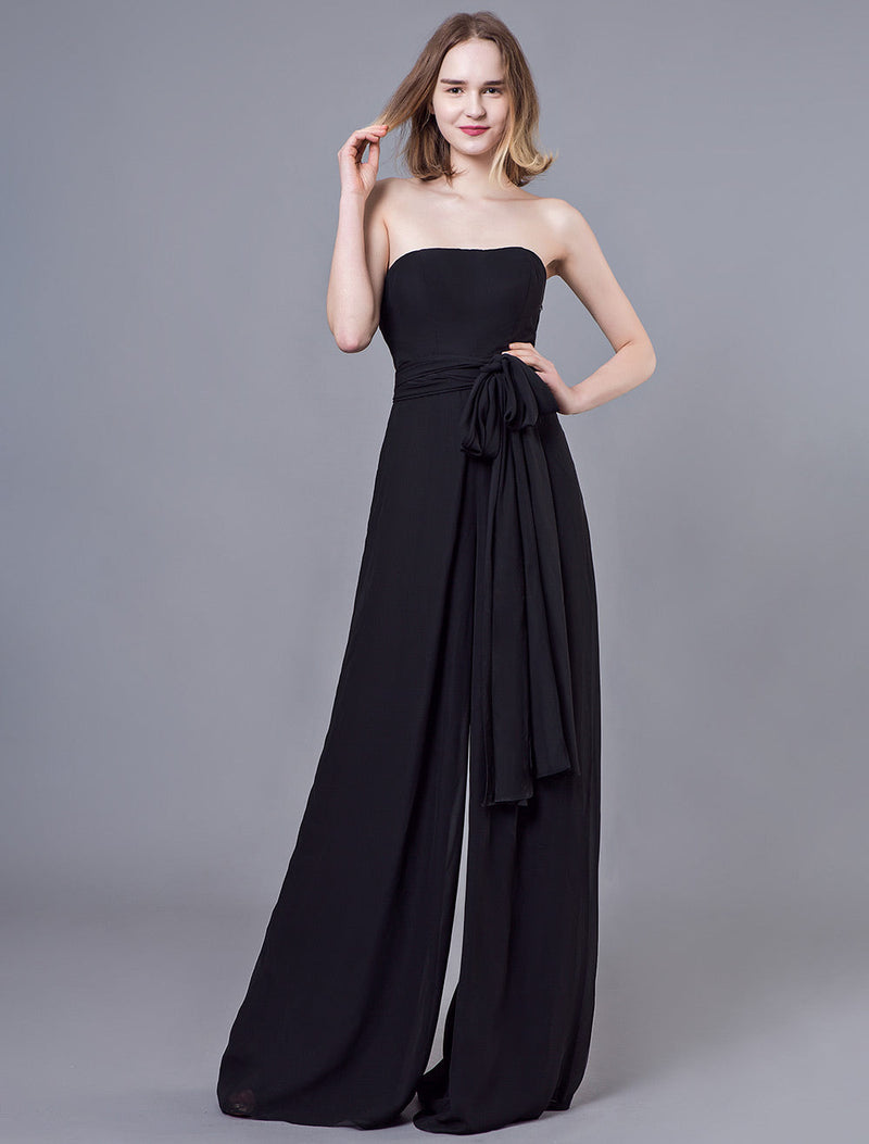 Stunning Black Jumpsuits Formal Evening Wedding Party Convertible Chiffon Long One Size Fits All Bridesmaid Dresses-Ballbella