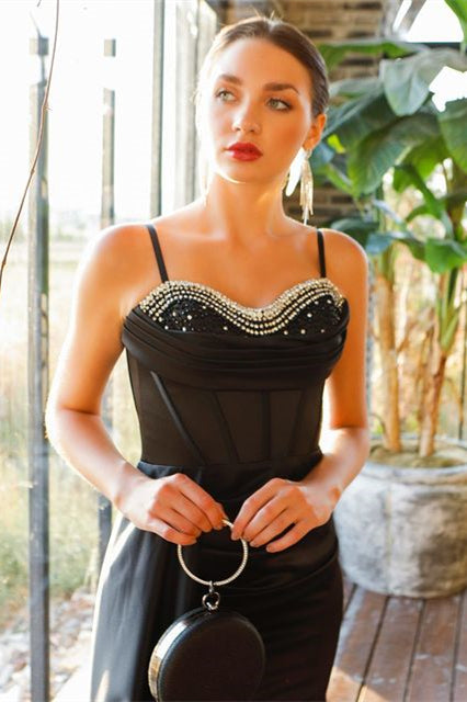 Stunning Black Mermaid Straps Prom Dress Sequins Split Online-Ballbella