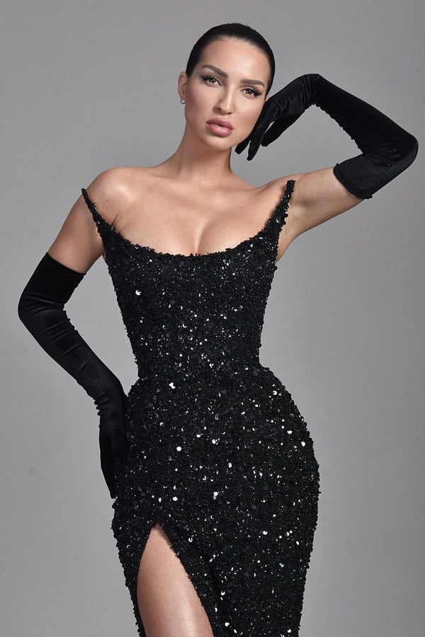 Stunning Black Straples Prom Dress Mermaid Long With Sequins Beads-Ballbella