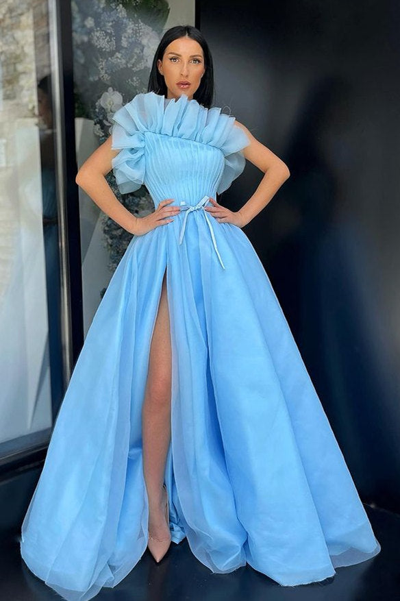 Stunning Blue A-line Side-cut Tulle Floor-length Prom Dress-Ballbella