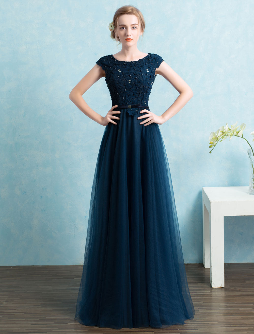 Stunning Blue Evening dress Long Tulle Beading Evening Dresses Dark Navy Backless Floor Length Party Dresses wedding guest dress Stunning Blue Evening dress Long Tulle Beading Evening Dresses Dark Navy Backless Floor Length Party Dresses wedding guest dress