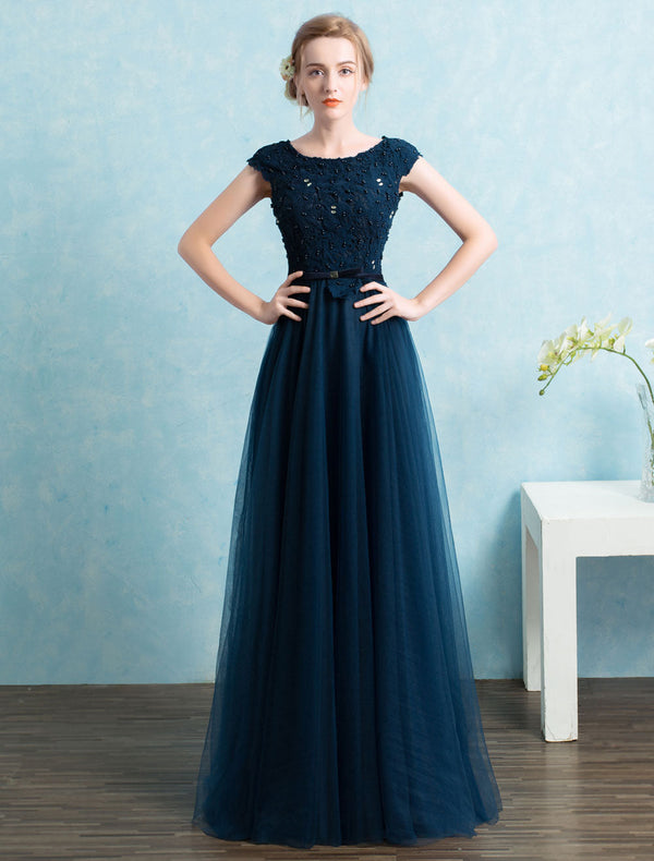 Blue evening dress  Long Tulle Beading Evening Dresses Dark Navy Backless Floor Length Party Dresses wedding guest dress