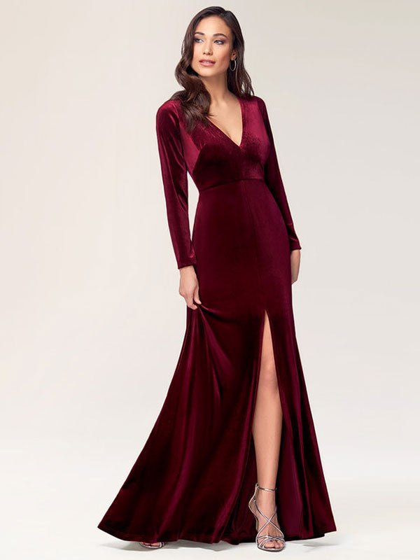 Burgundy Evening Dress Sheath Long Sleeve V-Neck Velour Social Party Dresses