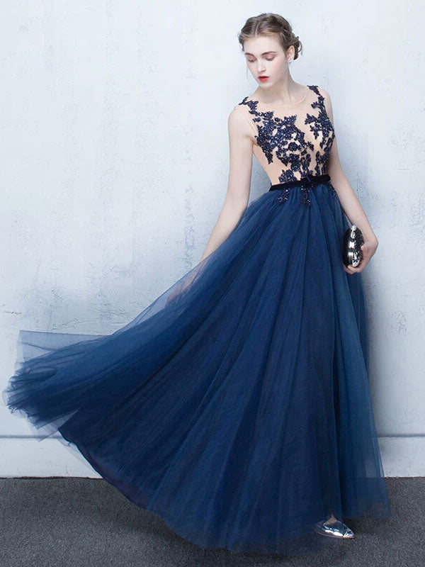 Dark Navy Evening Dresses Long Tulle Evening Dress Lace Illusion Floor Length Formal Dress