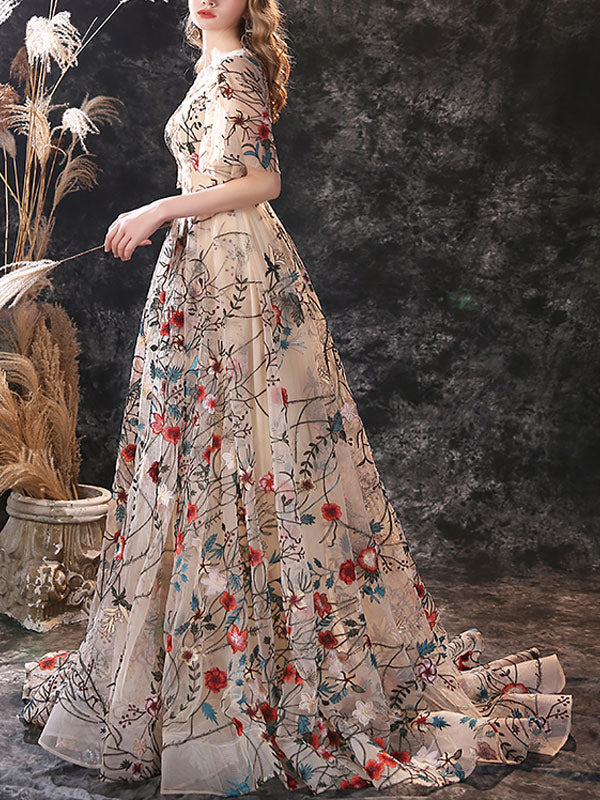 Stunning Evening Dress A-Line Jewel Neck Lace with Train Lace Social Party Dresses Stunning Evening Dress A-Line Jewel Neck Lace with Train Lace Social Party Dresses