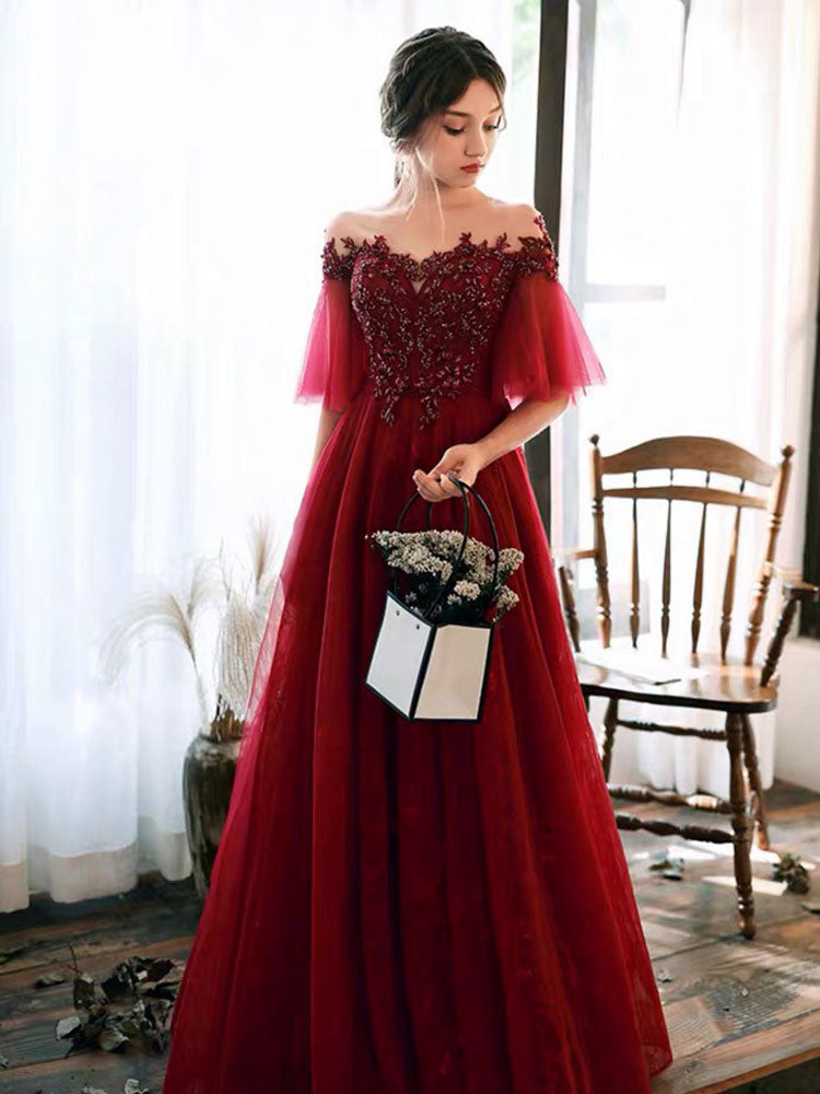 Stunning evening dress Illusion Neckline A Line Half Sleeves Lace Floor Length Tulle Party Dresses-Ballbella