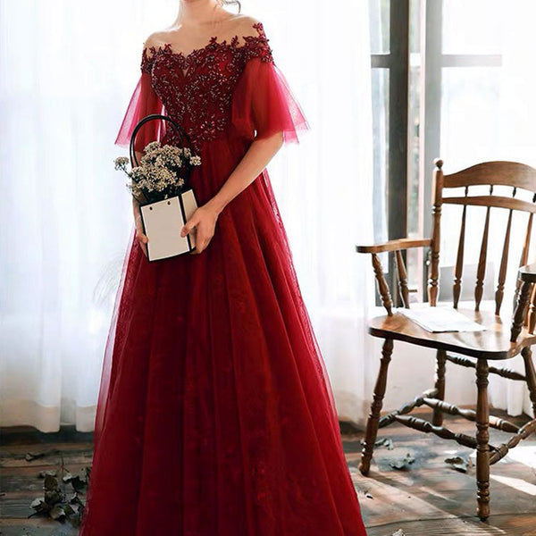 illusion neckline formal dress Stunning evening A Line Half Sleeves Lace Floor Length Tulle Party Dresses black tie evening dresses