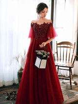 evening dress Illusion Neckline A Line Half Sleeves Lace Floor Length Tulle Party Dresses