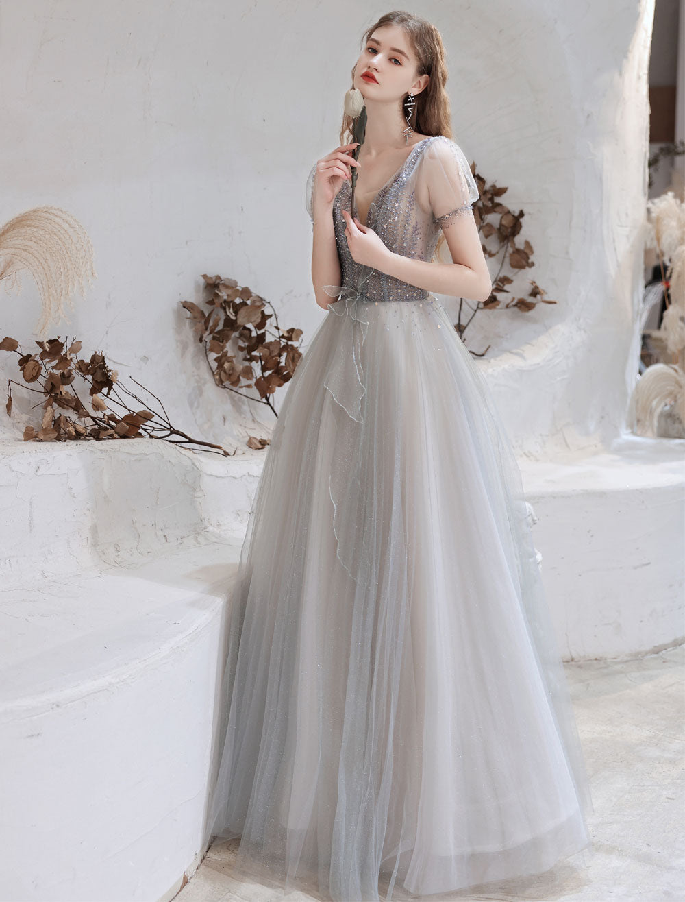 grey pageant dresses Grey Beaded Sheath Prom Dresses Long Sleeve Pageant Dress 24452 Grey / US8 main image 1