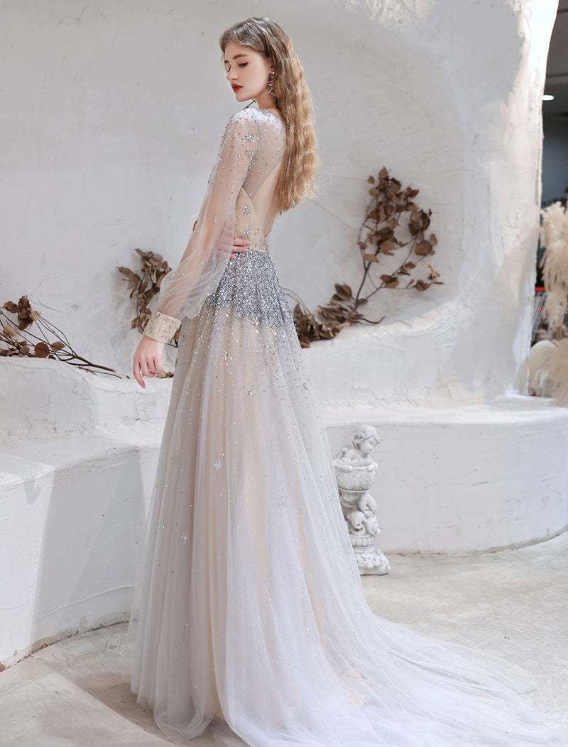 Stunning Evening Dress Light Grey A Line Jewel Neck With Train Long Sleeves Zipper Formal Dinner Pageant Dress Stunning Evening Dress Light Grey A Line Jewel Neck With Train Long Sleeves Zipper Formal Dinner Pageant Dress