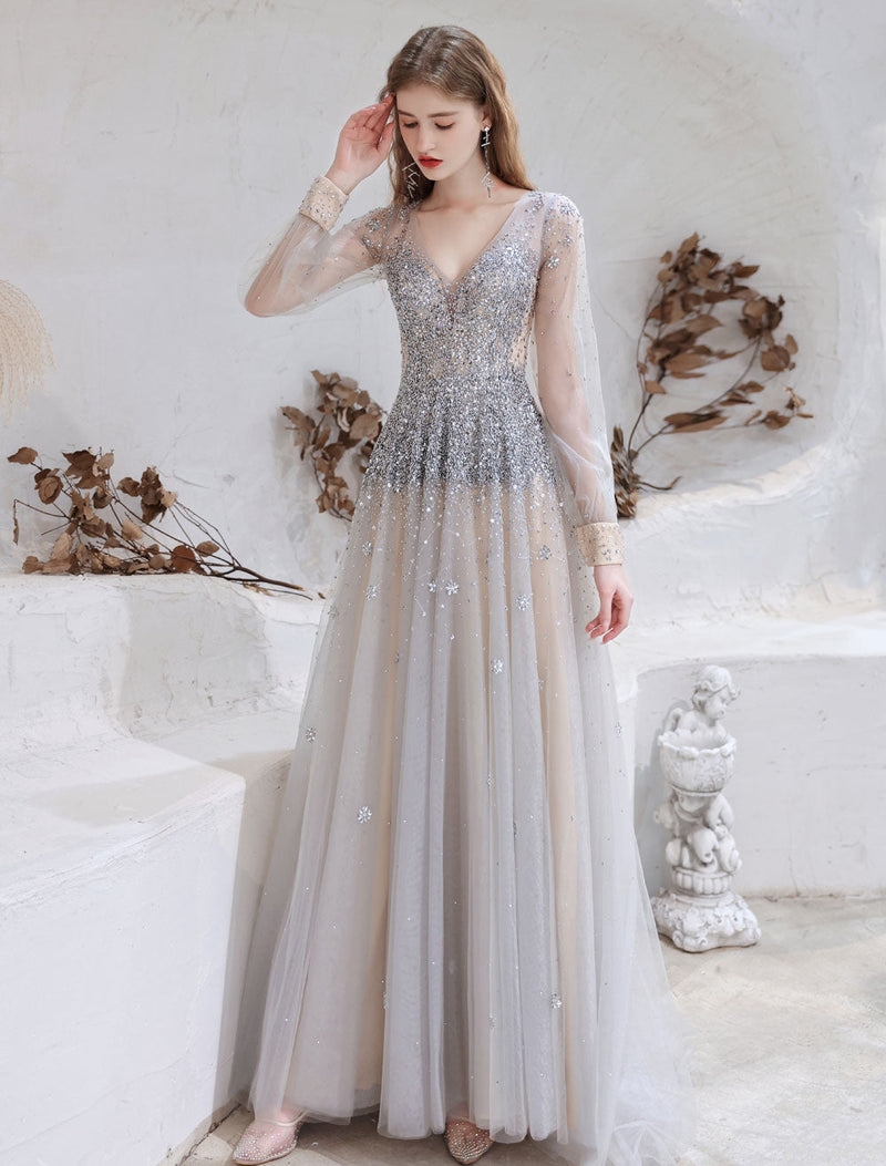 Stunning Evening Dress Light Grey A Line Jewel Neck With Train Long Sleeves Zipper Formal Dinner Pageant Dress Stunning Evening Dress Light Grey A Line Jewel Neck With Train Long Sleeves Zipper Formal Dinner Pageant Dress