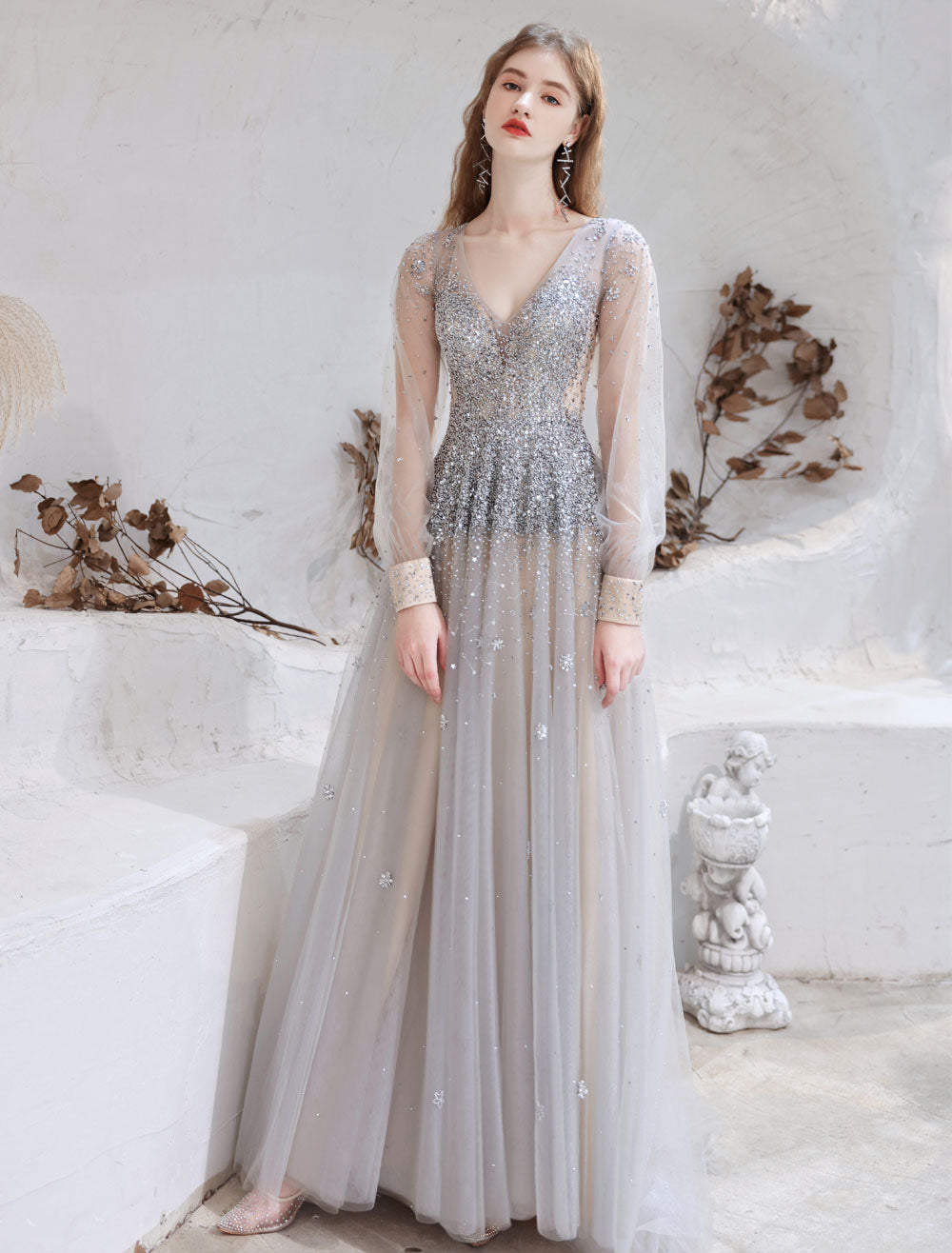 Stunning Evening Dress Light Grey A Line Jewel Neck With Train Long Sleeves Zipper Formal Dinner Pageant Dress Stunning Evening Dress Light Grey A Line Jewel Neck With Train Long Sleeves Zipper Formal Dinner Pageant Dress