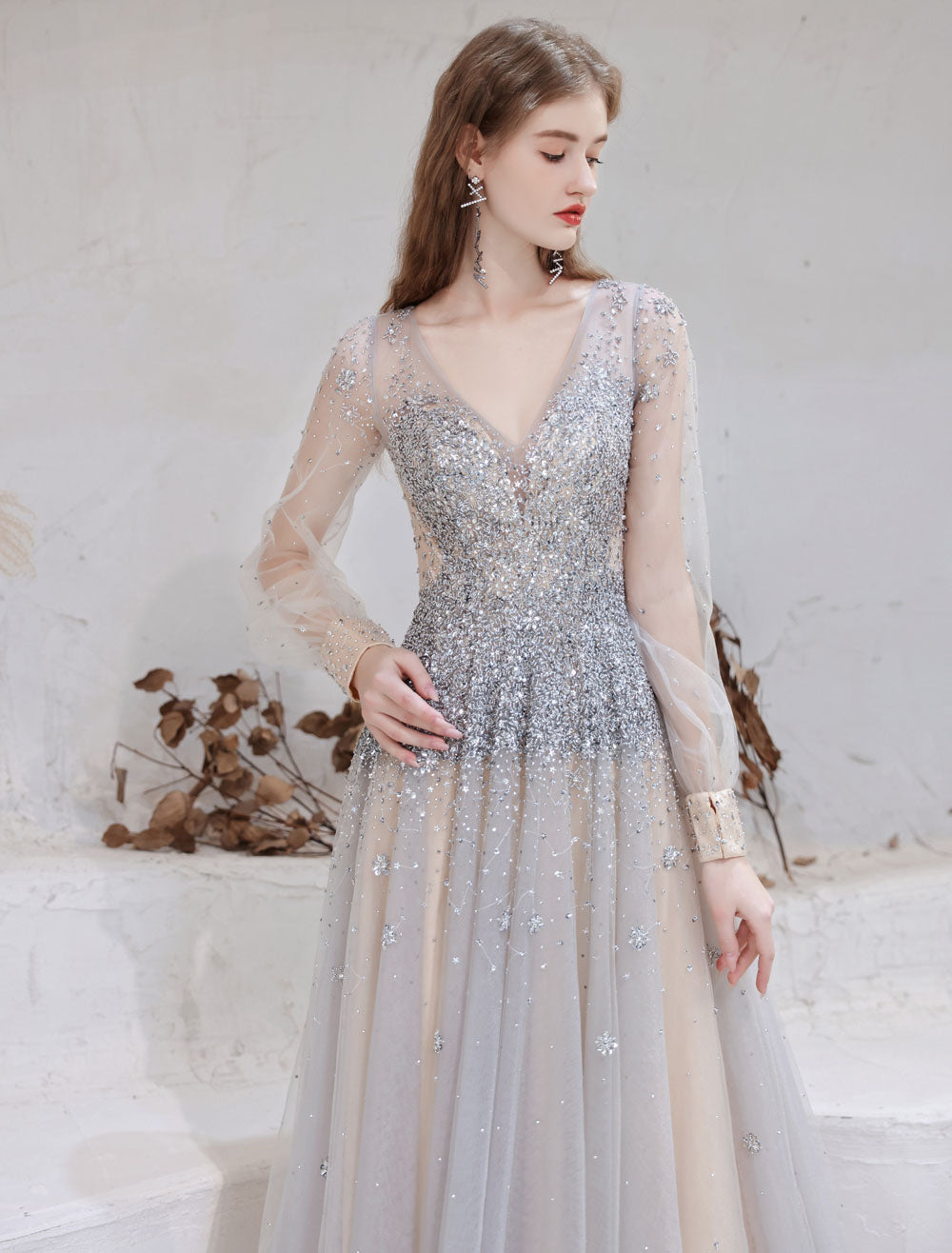 Stunning Evening Dress Light Grey A Line Jewel Neck With Train Long Sleeves Zipper Formal Dinner Pageant Dress Stunning Evening Dress Light Grey A Line Jewel Neck With Train Long Sleeves Zipper Formal Dinner Pageant Dress