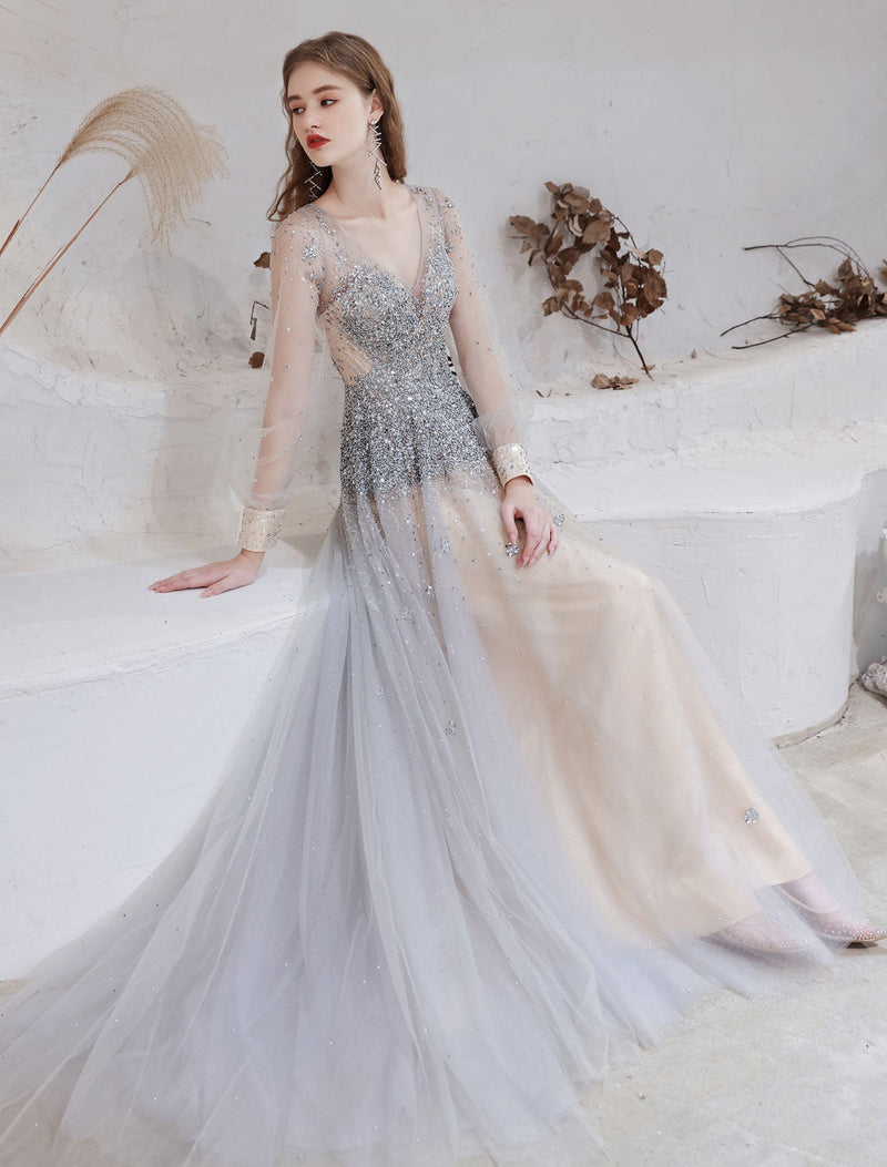 long gray dress Charming Backless Lace Appliques Gray Long Prom Dresses, Backless Gray Lace Formal Dresses