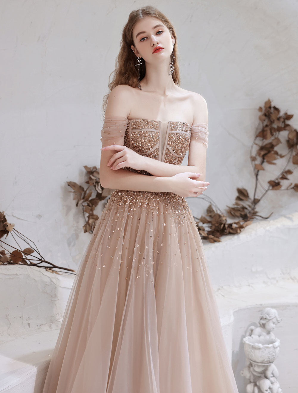 nude dress formal Stunning Evening Dress Nude Color A Line Bateau Neck Floor Length Short Sleeves Lace Up Sequins Formal Dinner Dresses Pageant Dress