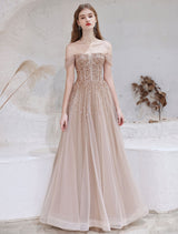 Stunning Evening Dress Nude Color A Line Bateau Neck Floor Length Short Sleeves Lace Up Sequins Formal Dinner Dresses Pageant Dress-Ballbella