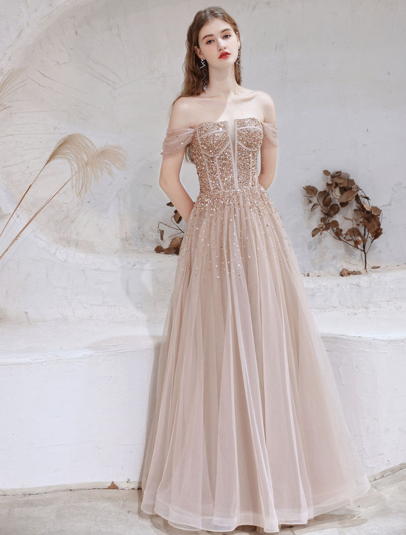 Stunning Evening Dress Nude Color A Line Bateau Neck Floor Length Short Sleeves Lace Up Sequins Formal Dinner Dresses Pageant Dress-Ballbella