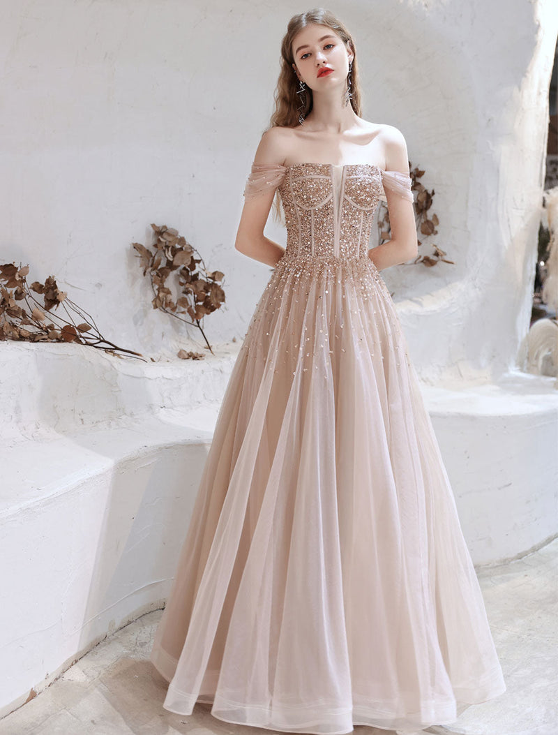 Stunning Evening Dress Nude Color A Line Bateau Neck Floor Length Short Sleeves Lace Up Sequins Formal Dinner Dresses Pageant Dress-Ballbella