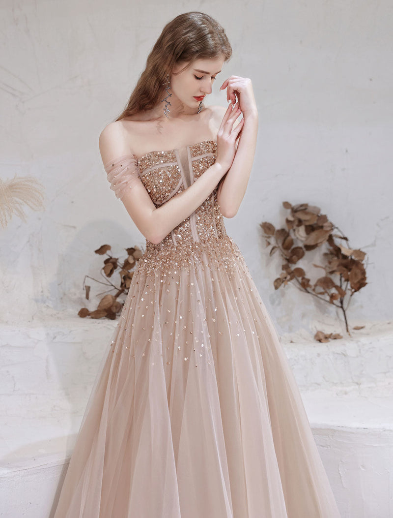 Stunning Evening Dress Nude Color A Line Bateau Neck Floor Length Short Sleeves Lace Up Sequins Formal Dinner Dresses Pageant Dress-Ballbella