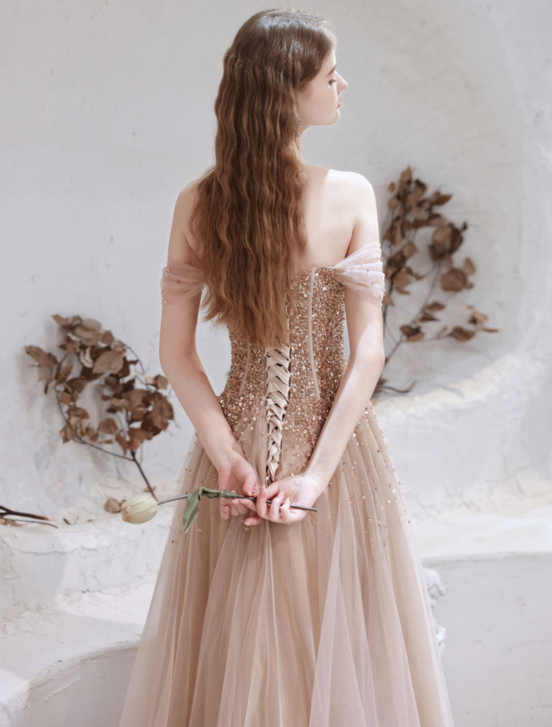 Stunning Evening Dress Nude Color A Line Bateau Neck Floor Length Short Sleeves Lace Up Sequins Formal Dinner Dresses Pageant Dress-Ballbella