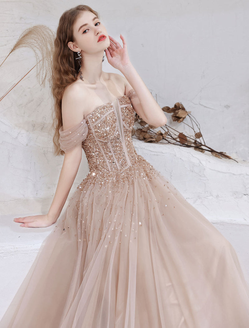 Stunning Evening Dress Nude Color A Line Bateau Neck Floor Length Short Sleeves Lace Up Sequins Formal Dinner Dresses Pageant Dress-Ballbella