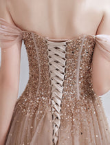 Stunning Evening Dress Nude Color A Line Bateau Neck Floor Length Short Sleeves Lace Up Sequins Formal Dinner Dresses Pageant Dress-Ballbella