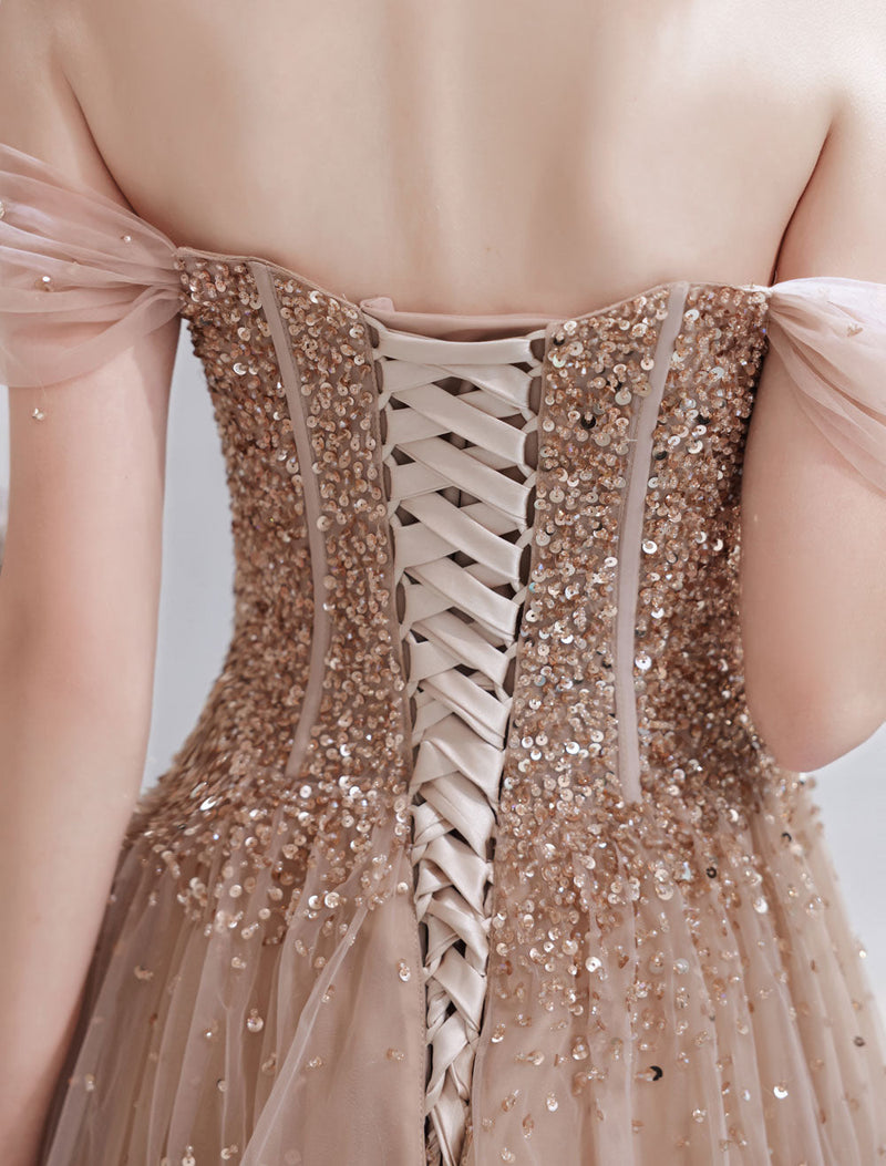 Stunning Evening Dress Nude Color A Line Bateau Neck Floor Length Short Sleeves Lace Up Sequins Formal Dinner Dresses Pageant Dress-Ballbella
