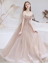 Stunning Evening Dress Nude Color A Line Bateau Neck Floor Length Short Sleeves Lace Up Sequins Formal Dinner Dresses Pageant Dress-Ballbella