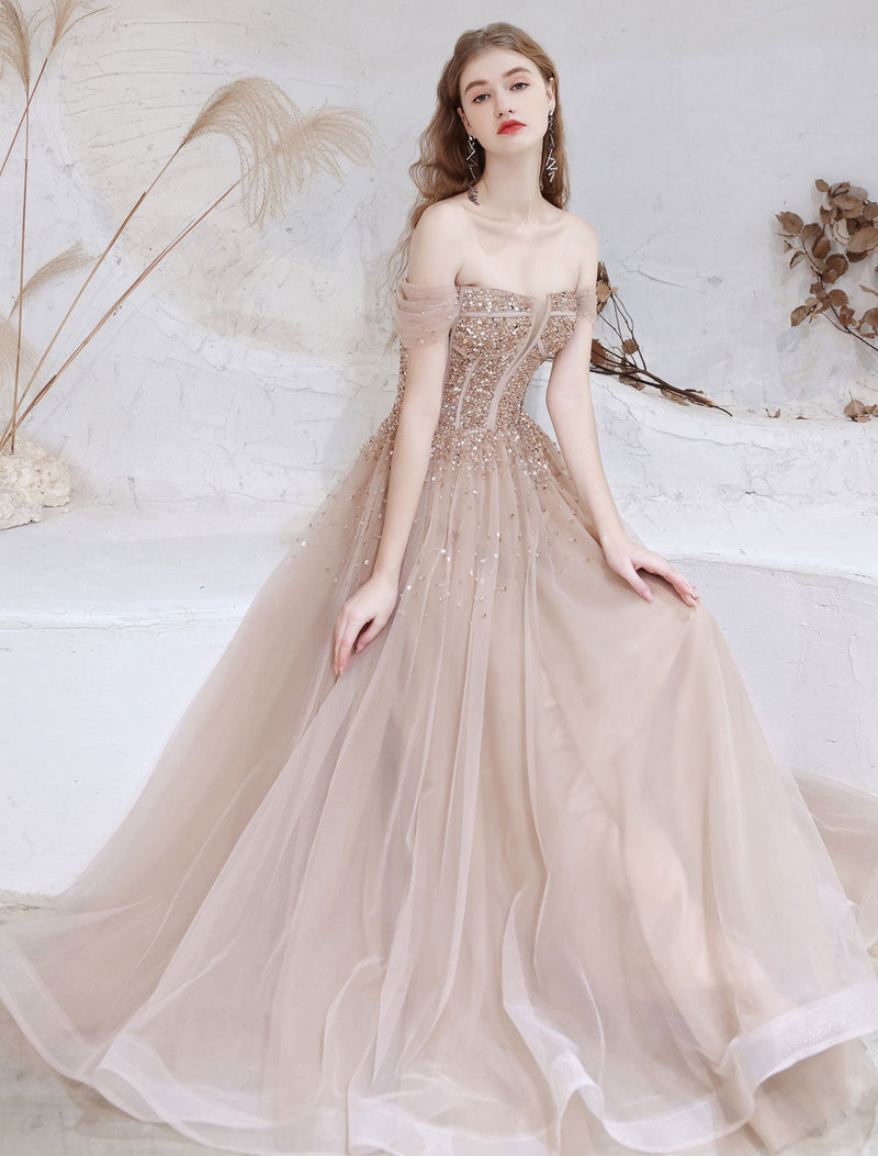 Stunning Evening Dress Nude Color A Line Bateau Neck Floor Length Short Sleeves Lace Up Sequins Formal Dinner Dresses Pageant Dress-Ballbella