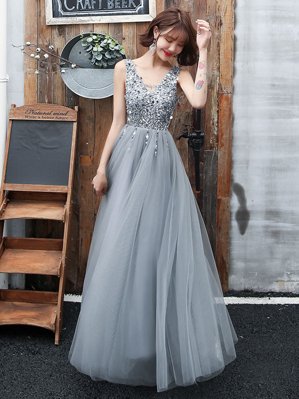 Stunning evening dress V Neck A Line Sleeveless Floor Length Wedding Guest Dresses-Ballbella