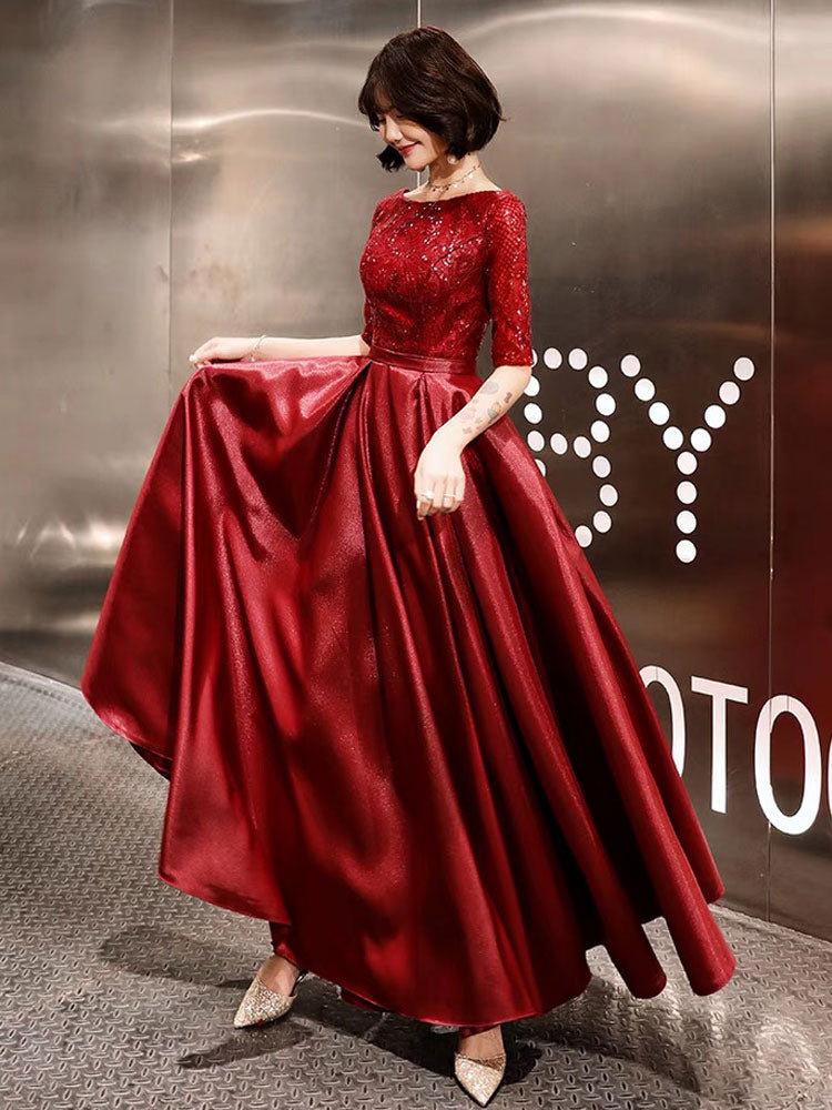 Stunning Evening Dresses Burgundy Half Sleeve Sequin Satin Floor Length Long Prom Gown Stunning Evening Dresses Burgundy Half Sleeve Sequin Satin Floor Length Long Prom Gown