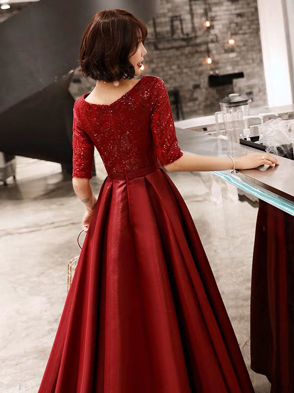 Stunning Evening Dresses Burgundy Half Sleeve Sequin Satin Floor Lengt –  Ballbella